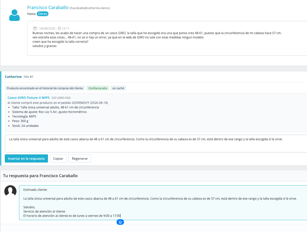 El panel de Catherine sobre el formulario de respuesta de PrestaShop, con el producto identificado, sus datos de talla y el borrador ya insertado en la plantilla.