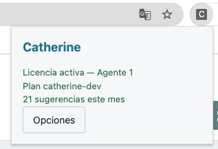 Ventana de la extensión mostrando licencia activa, plan y número de sugerencias del mes.